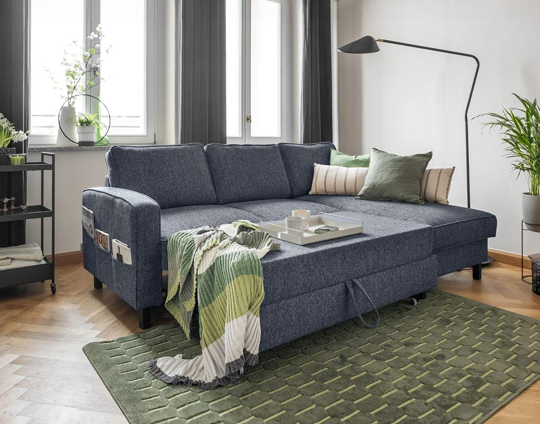 Canapé d'angle droit 4 places convertible avec coffre en tissu Molly