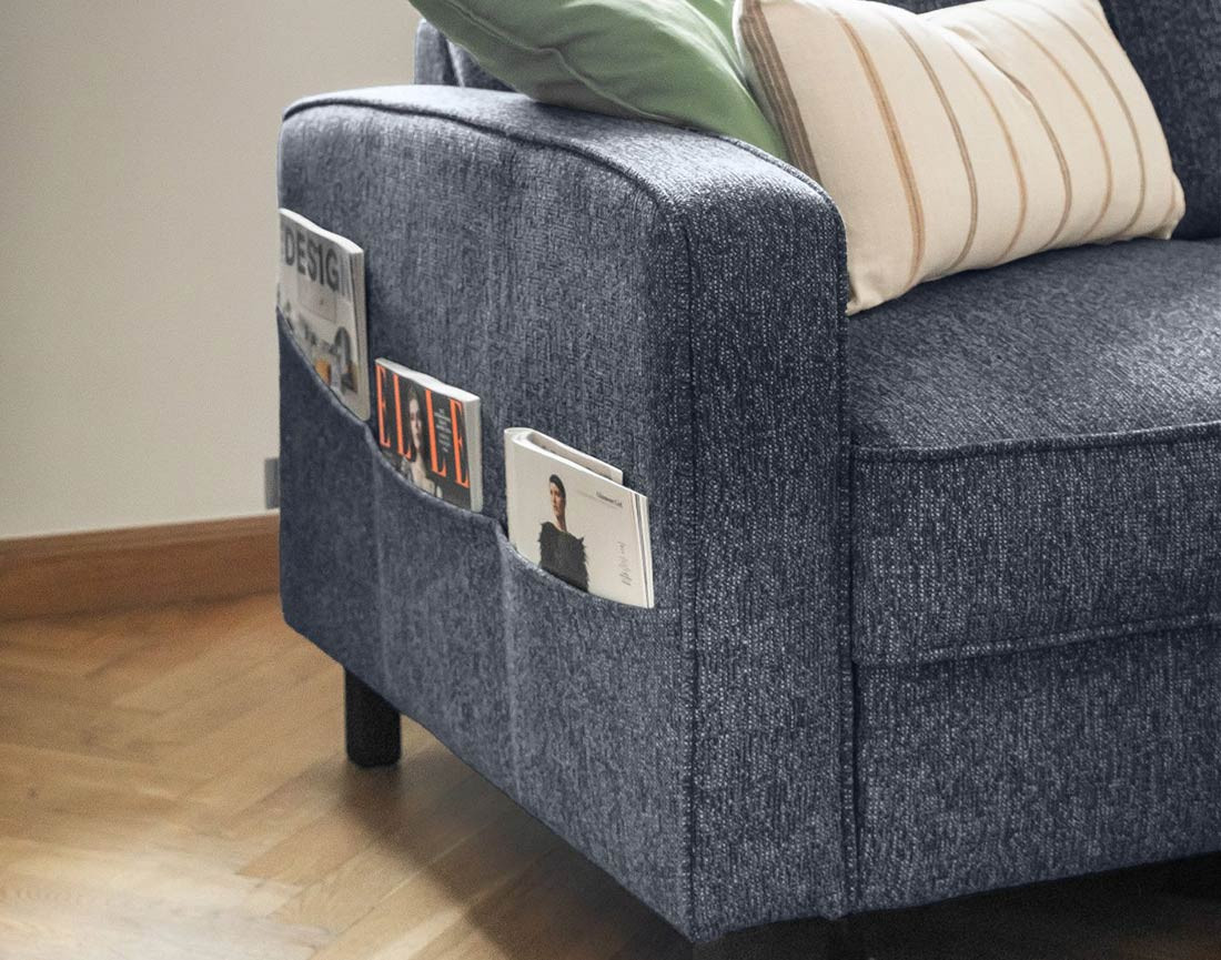 Canapé d'angle droit 4 places convertible avec coffre en tissu Molly