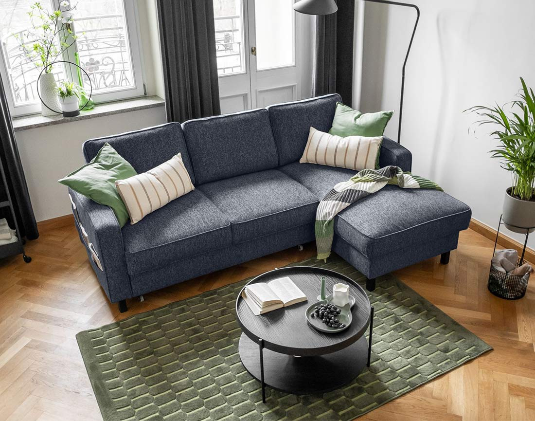 Canapé d'angle droit 4 places convertible avec coffre en tissu Molly