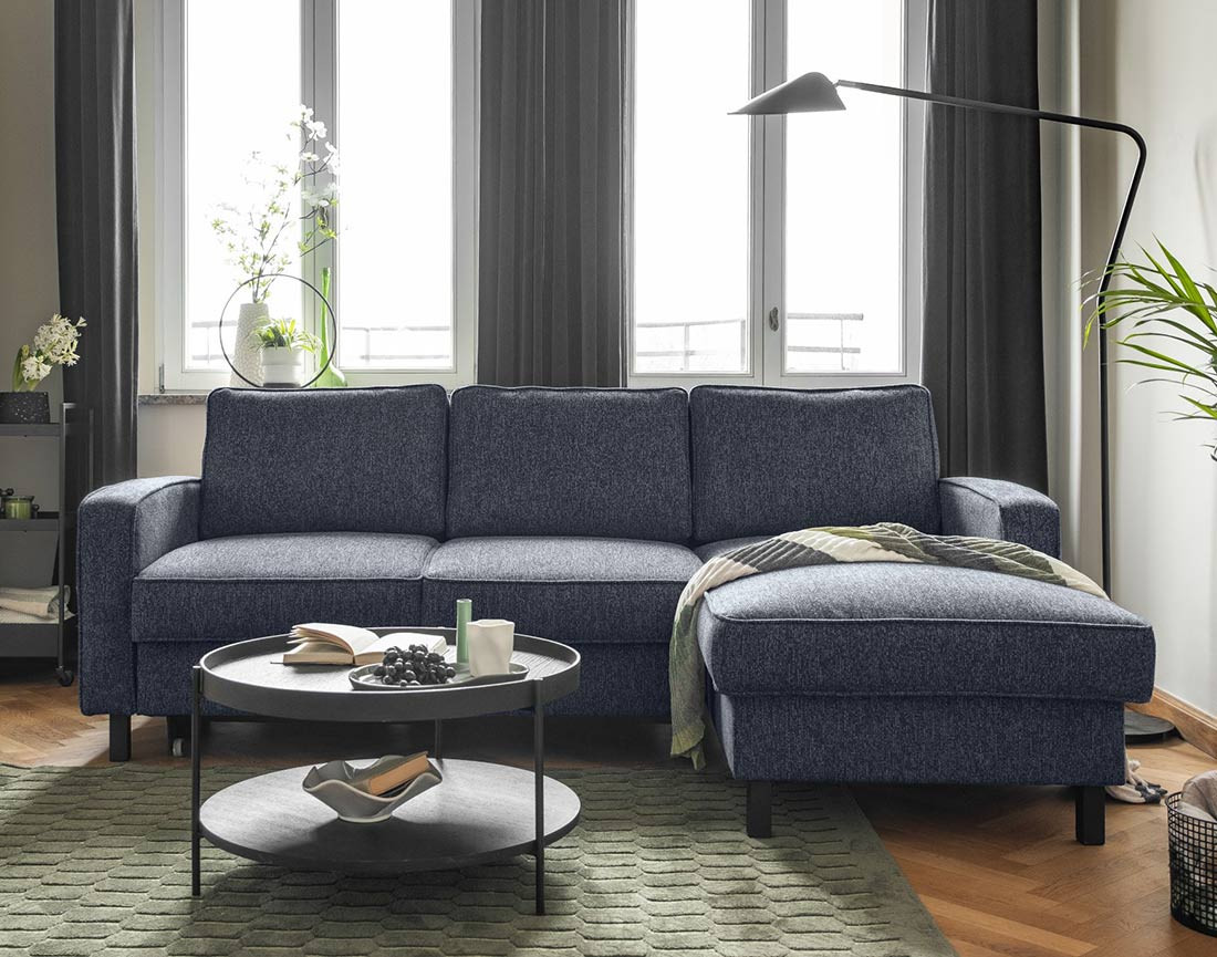 Canapé d'angle droit 4 places convertible avec coffre en tissu Molly