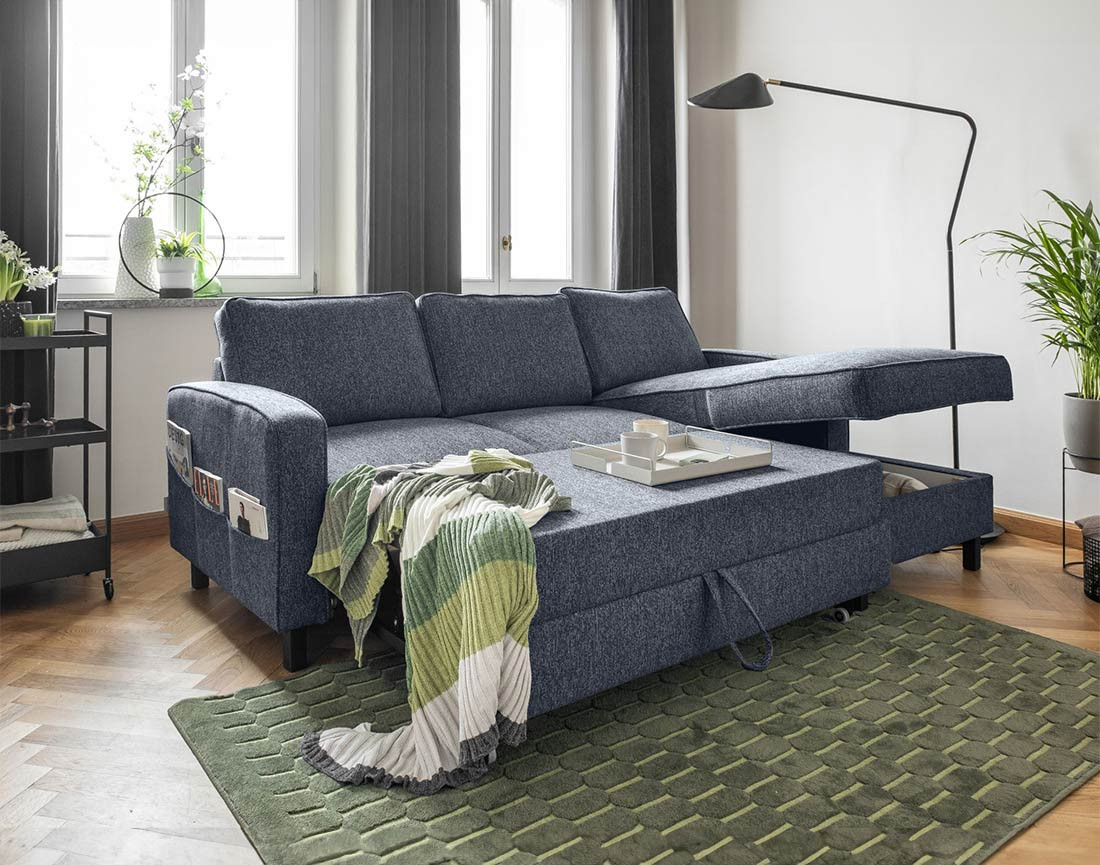 Canapé d'angle droit 4 places convertible avec coffre en tissu Molly
