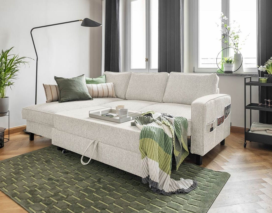 Canapé d'angle gauche 4 places convertible avec coffre en tissu Molly