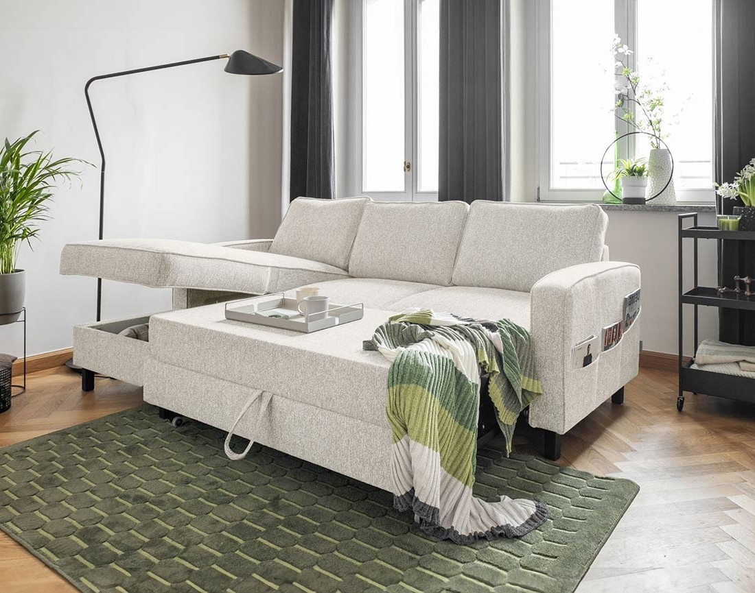 Canapé d'angle gauche 4 places convertible avec coffre en tissu Molly
