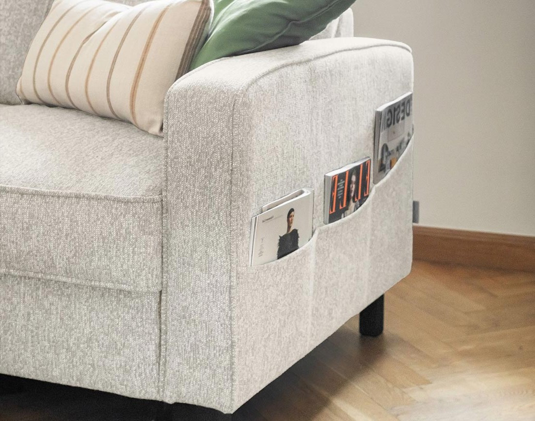 Canapé d'angle gauche 4 places convertible avec coffre en tissu Molly
