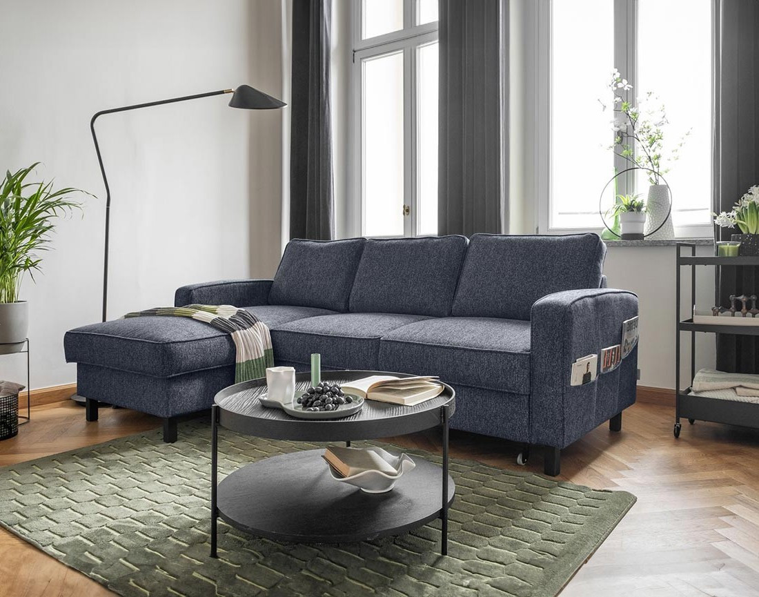 Canapé d'angle gauche 4 places convertible avec coffre en tissu Molly