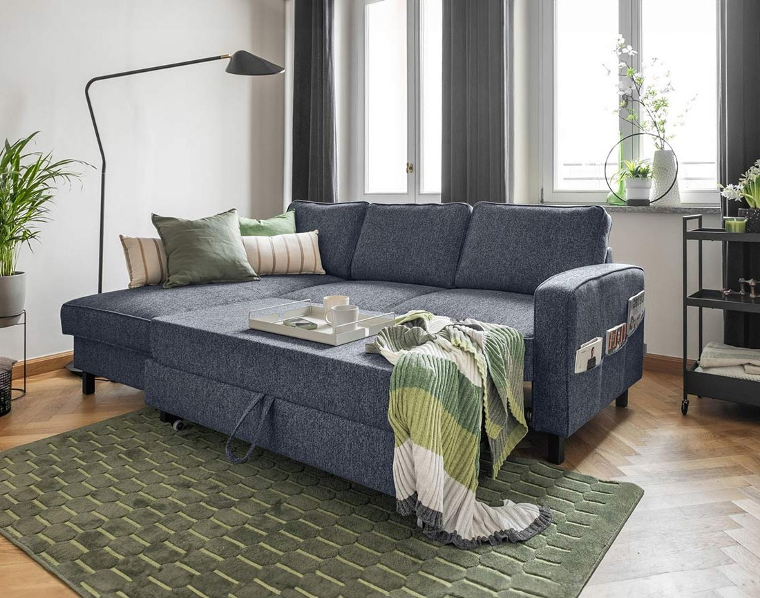 Canapé d'angle gauche 4 places convertible avec coffre en tissu Molly