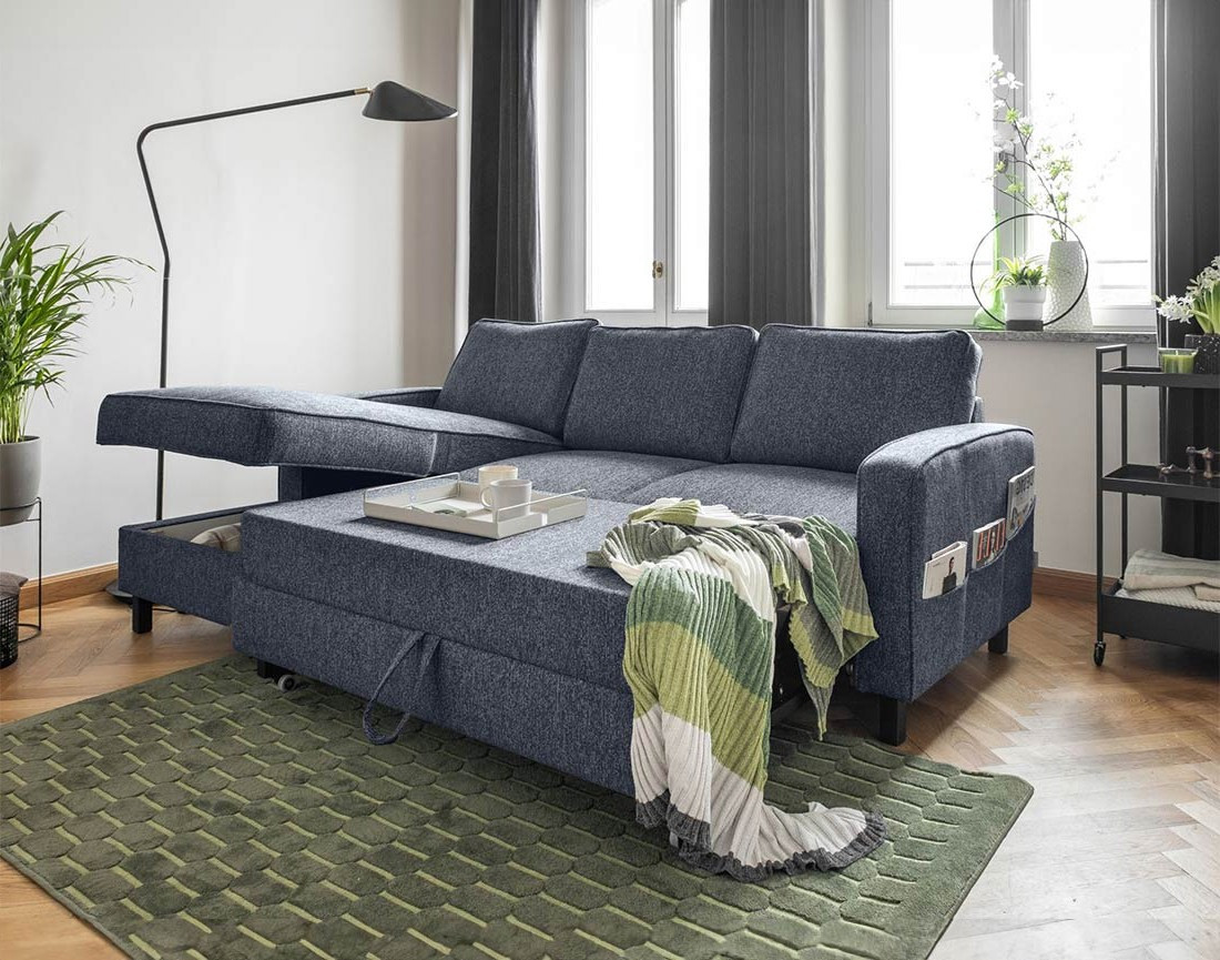 Canapé d'angle gauche 4 places convertible avec coffre en tissu Molly