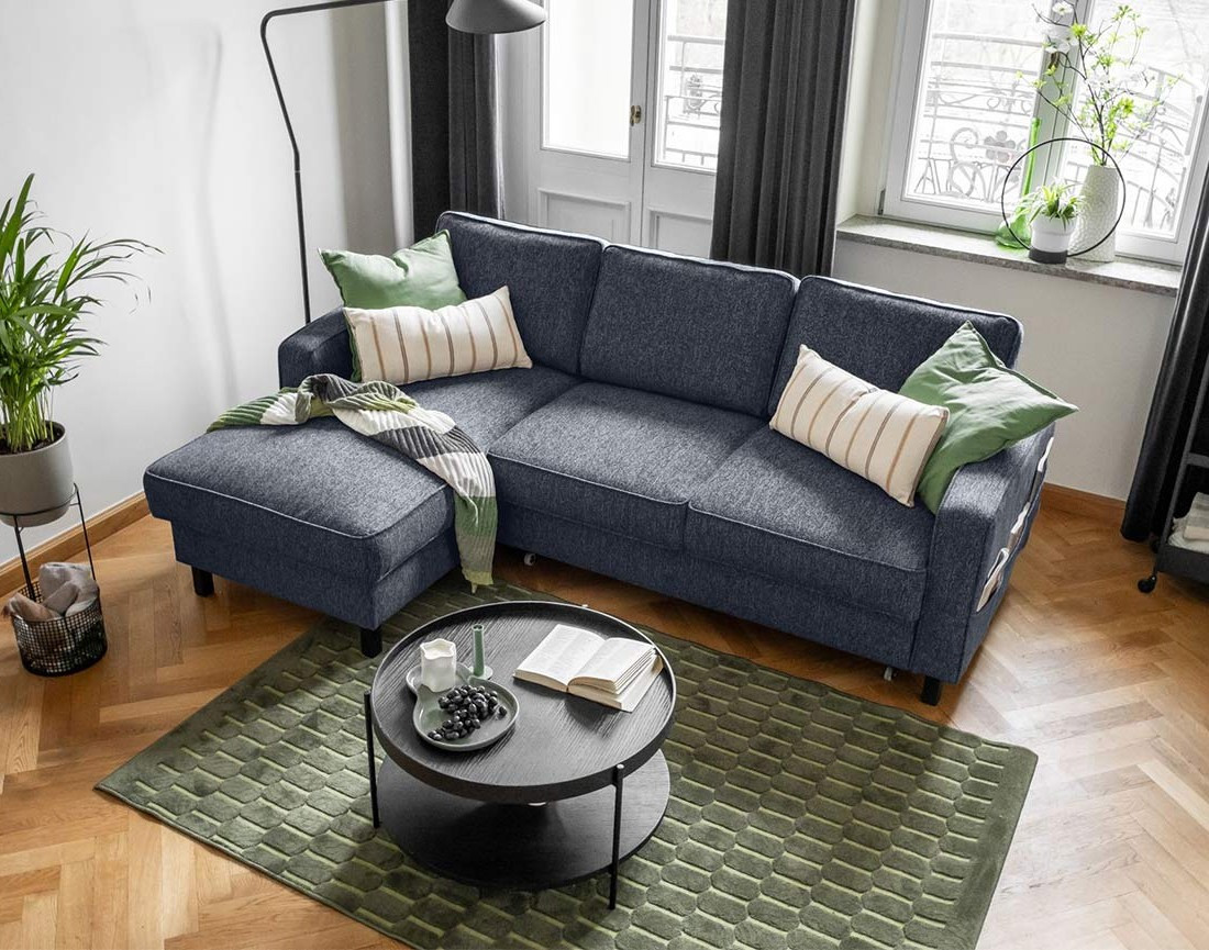 Canapé d'angle gauche 4 places convertible avec coffre en tissu Molly