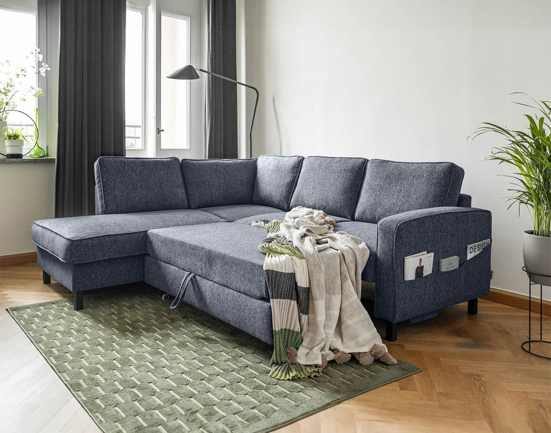Canapé d'angle gauche 5 places convertible en tissu Molly