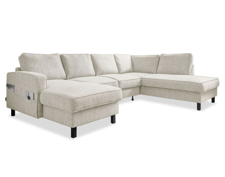 Canapé panoramique d'angle droit 7 places convertible avec coffre en tissu Molly