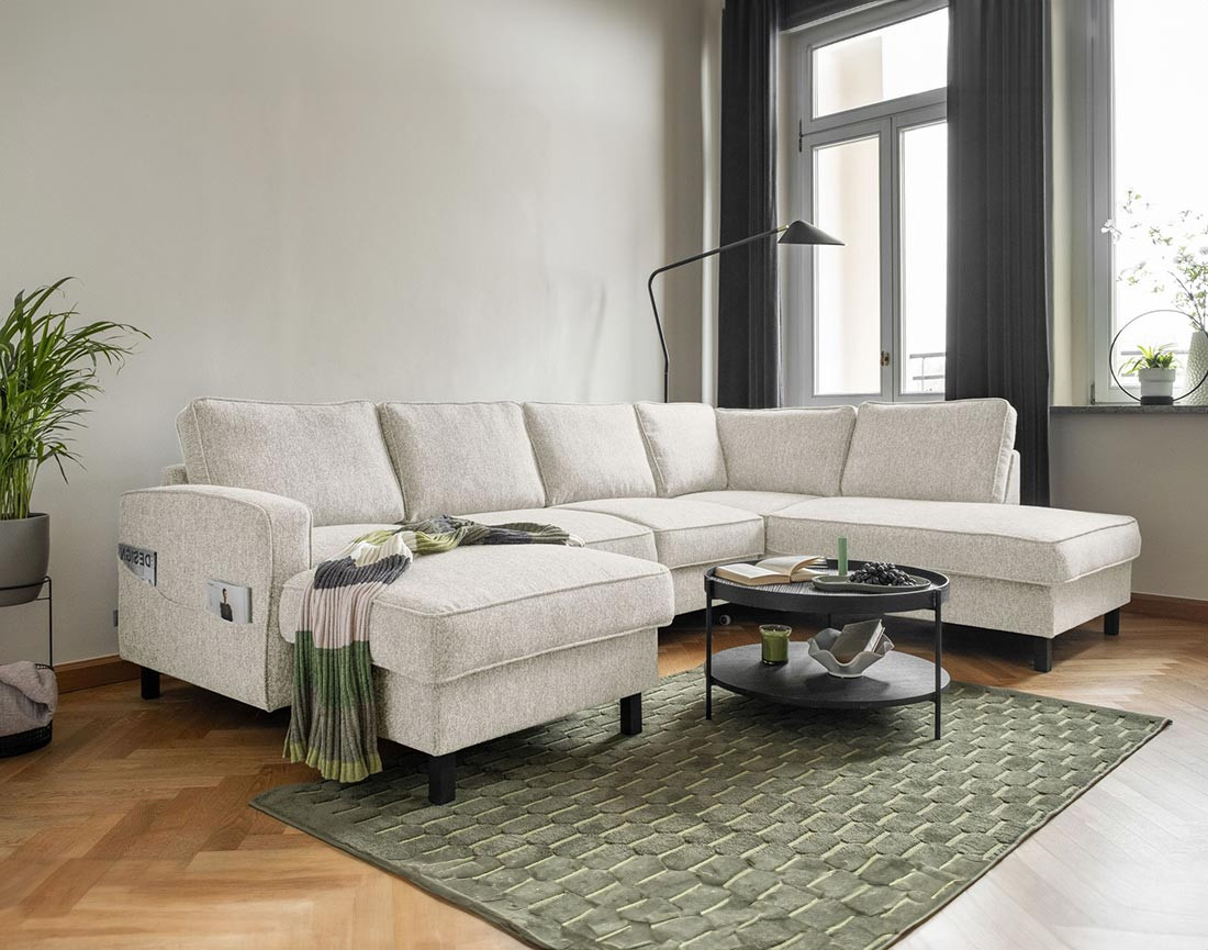 Canapé panoramique d'angle droit 7 places convertible avec coffre en tissu Molly