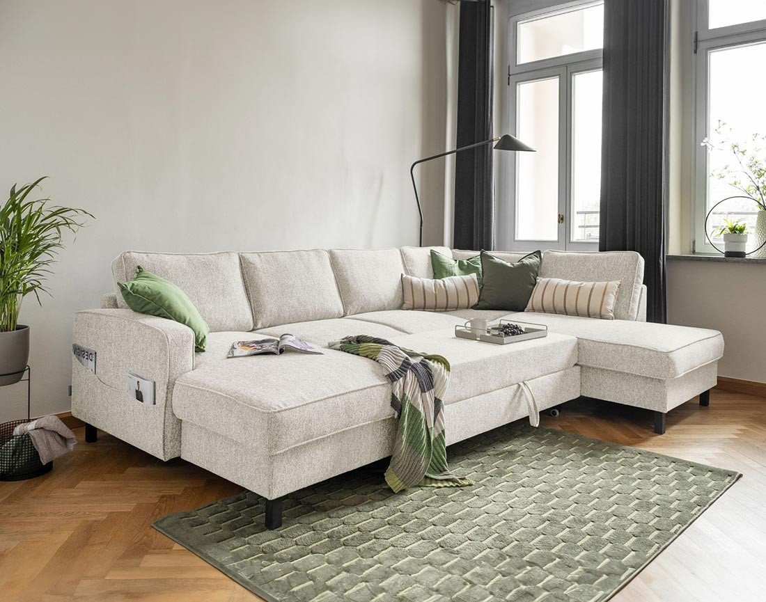 Canapé panoramique d'angle droit 7 places convertible avec coffre en tissu Molly
