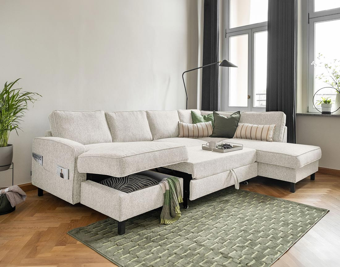 Canapé panoramique d'angle droit 7 places convertible avec coffre en tissu Molly