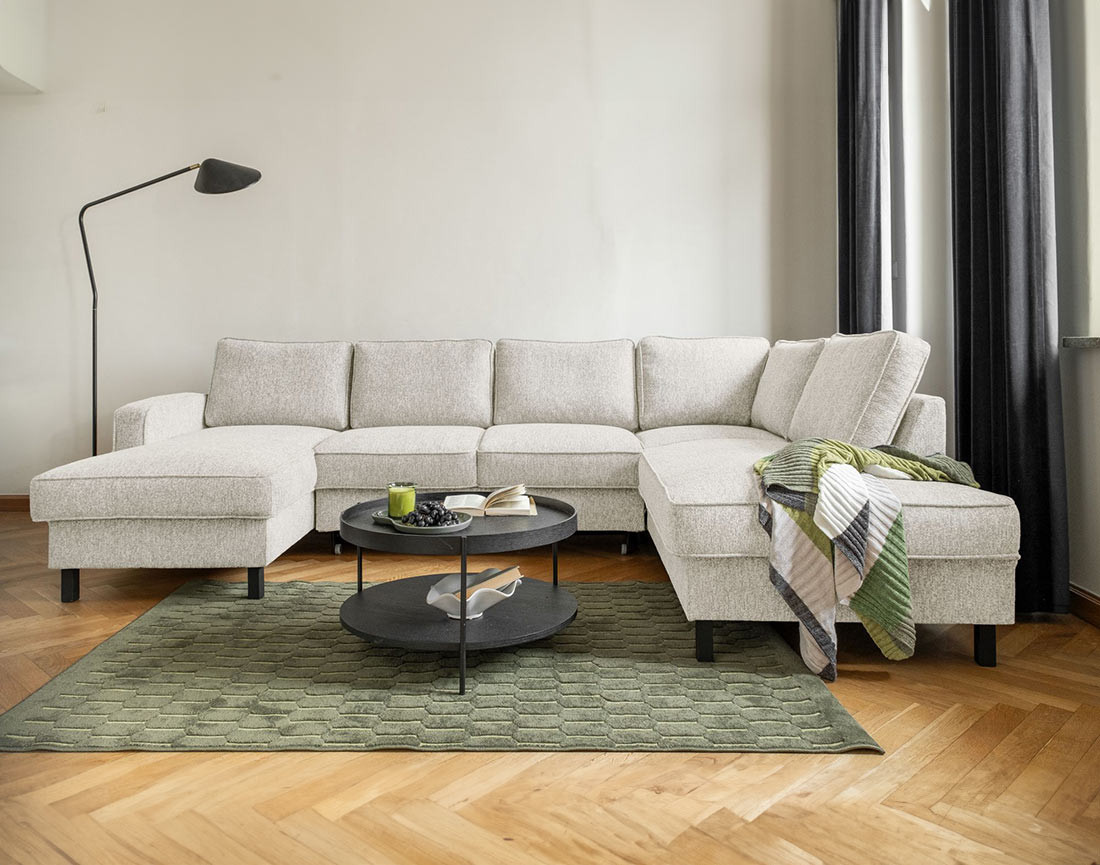 Canapé panoramique d'angle droit 7 places convertible avec coffre en tissu Molly