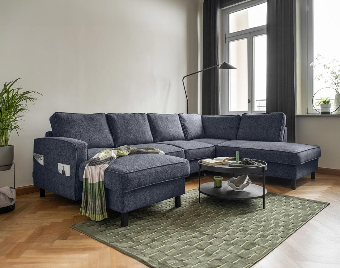 Canapé panoramique d'angle droit 7 places convertible avec coffre en tissu Molly