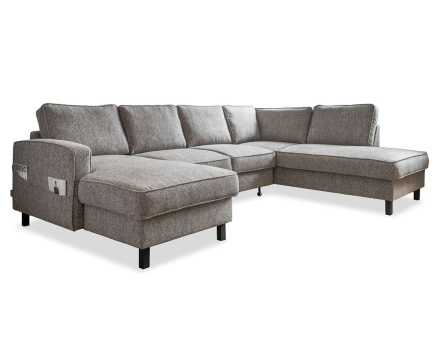 Canapé panoramique d'angle droit 7 places convertible avec coffre en tissu Molly