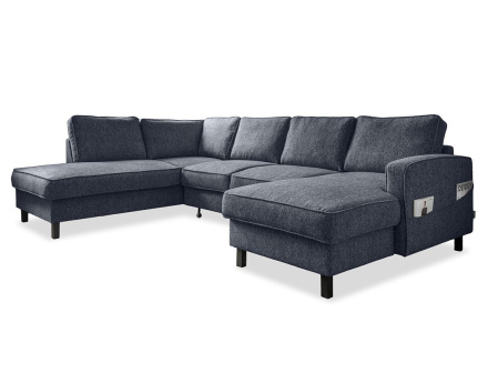 Canapé panoramique d'angle gauche 7 places convertible avec coffre en tissu Molly