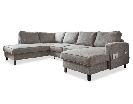 Canapé panoramique d'angle gauche 7 places convertible avec coffre en tissu Molly