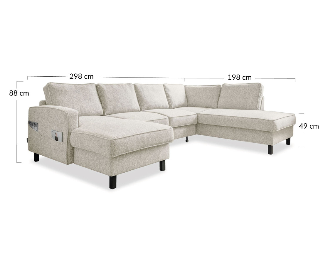 Canapé panoramique d'angle droit 7 places convertible avec coffre en tissu Molly