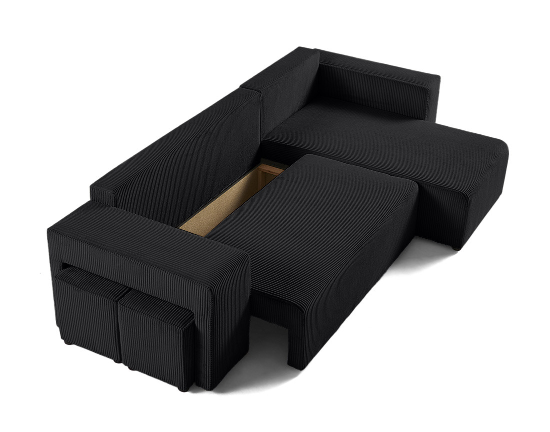 Canapé d'angle convertible en velours côtelé avec poufs Topaze