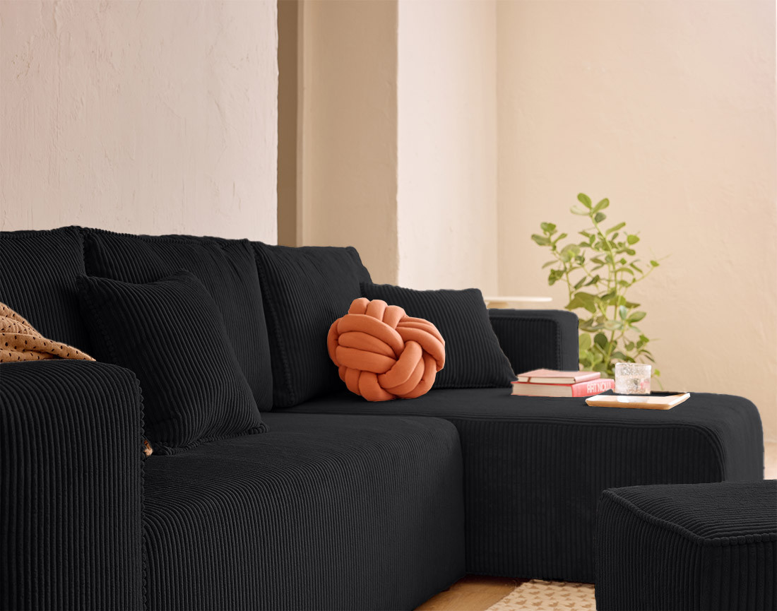 Canapé d'angle convertible en velours côtelé avec poufs Topaze