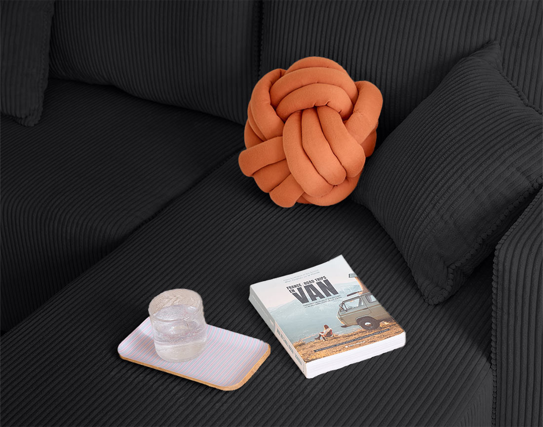 Canapé d'angle convertible en velours côtelé avec poufs Topaze