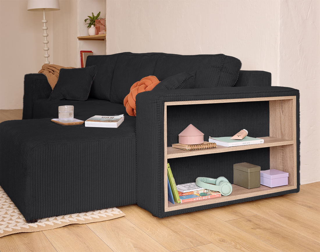 Canapé d'angle convertible en velours côtelé avec poufs Topaze