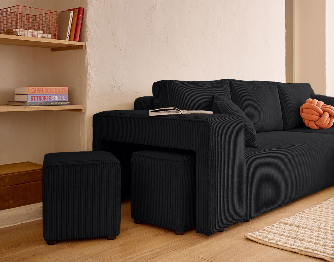 Canapé d'angle convertible en velours côtelé avec poufs Topaze