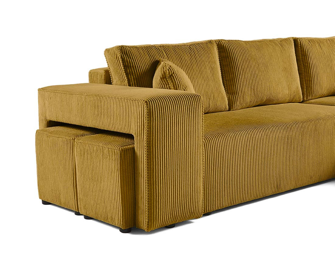 Canapé d'angle convertible en velours côtelé avec poufs Topaze