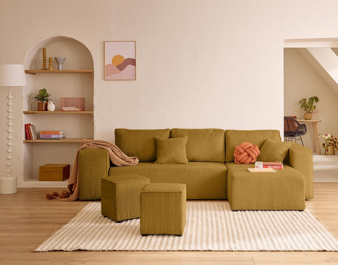 Canapé d'angle convertible en velours côtelé avec poufs Topaze