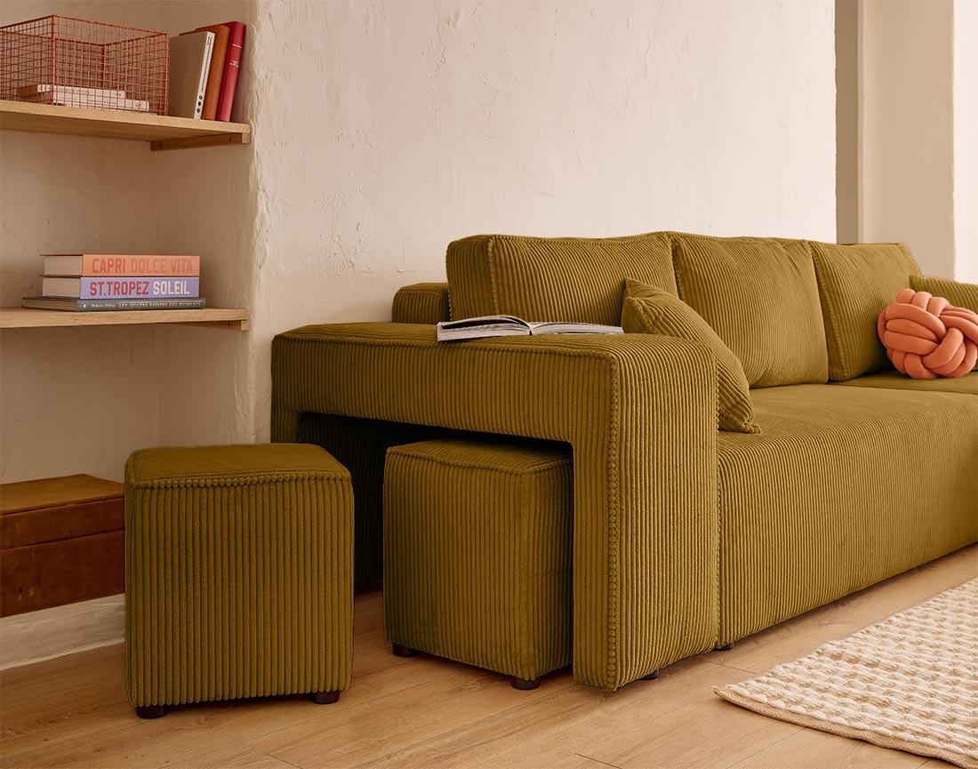 Canapé d'angle convertible en velours côtelé avec poufs Topaze