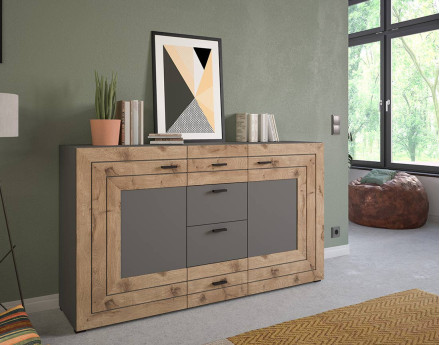 Buffet bas gris et bois 4 tiroirs et 2 portes 160 cm Wexford