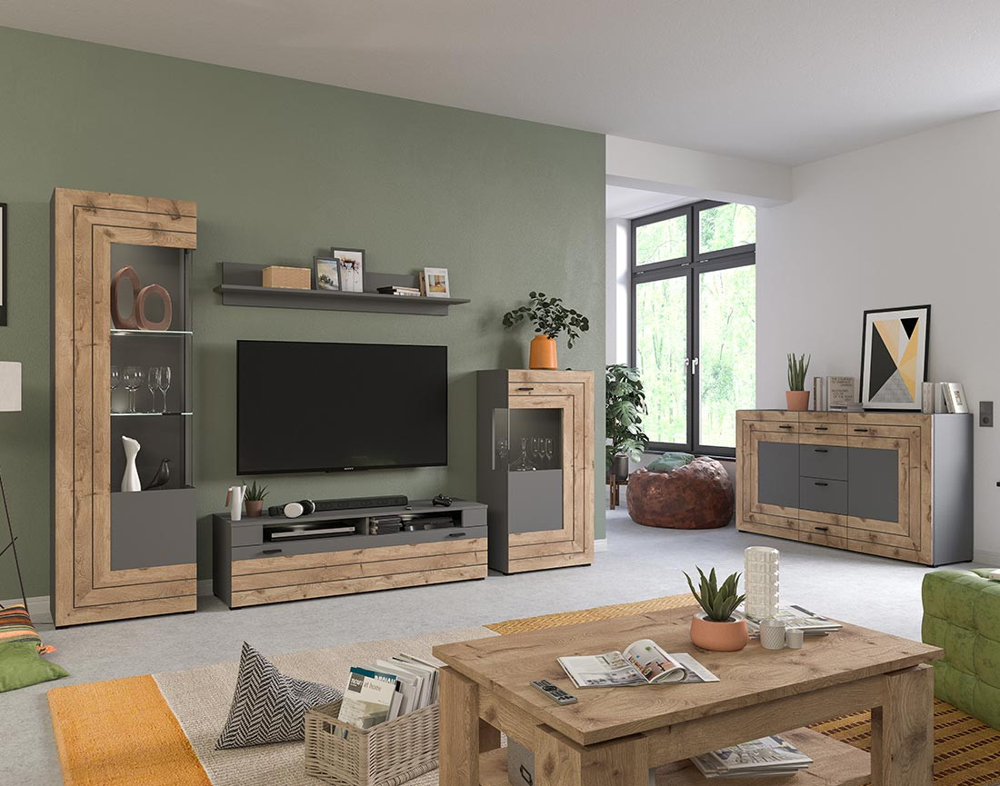 Meuble TV gris et bois 1 porte 140 cm Wexford