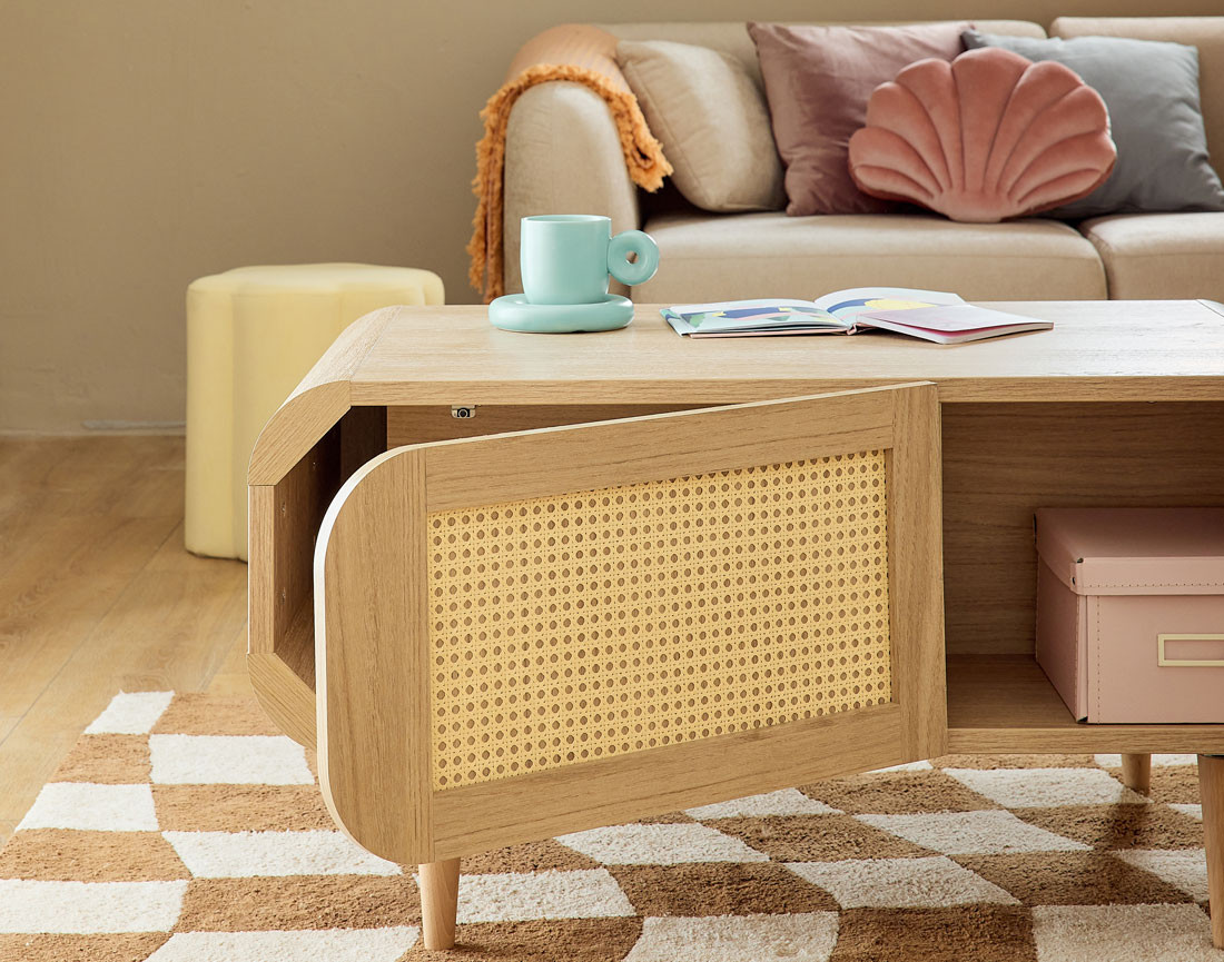 Table basse bois et cannage 1 niche 100 cm Mathilde