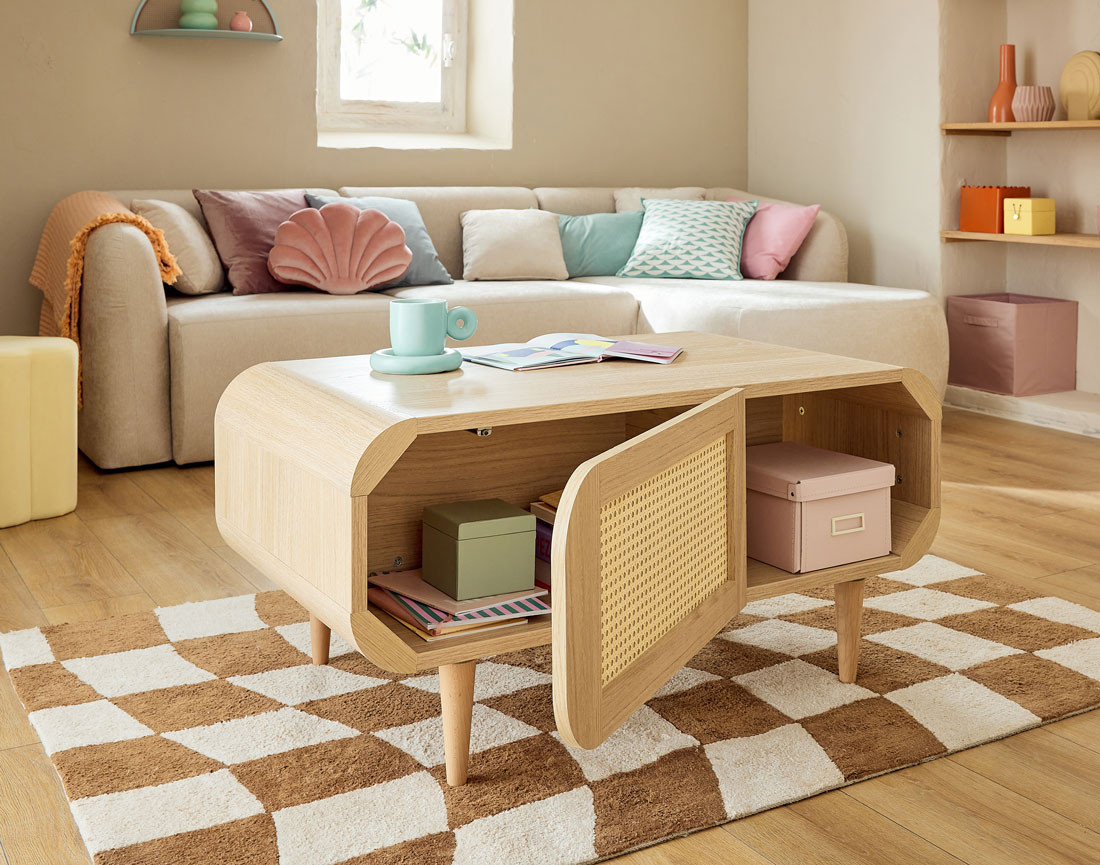 Table basse bois et cannage 1 niche 100 cm Mathilde