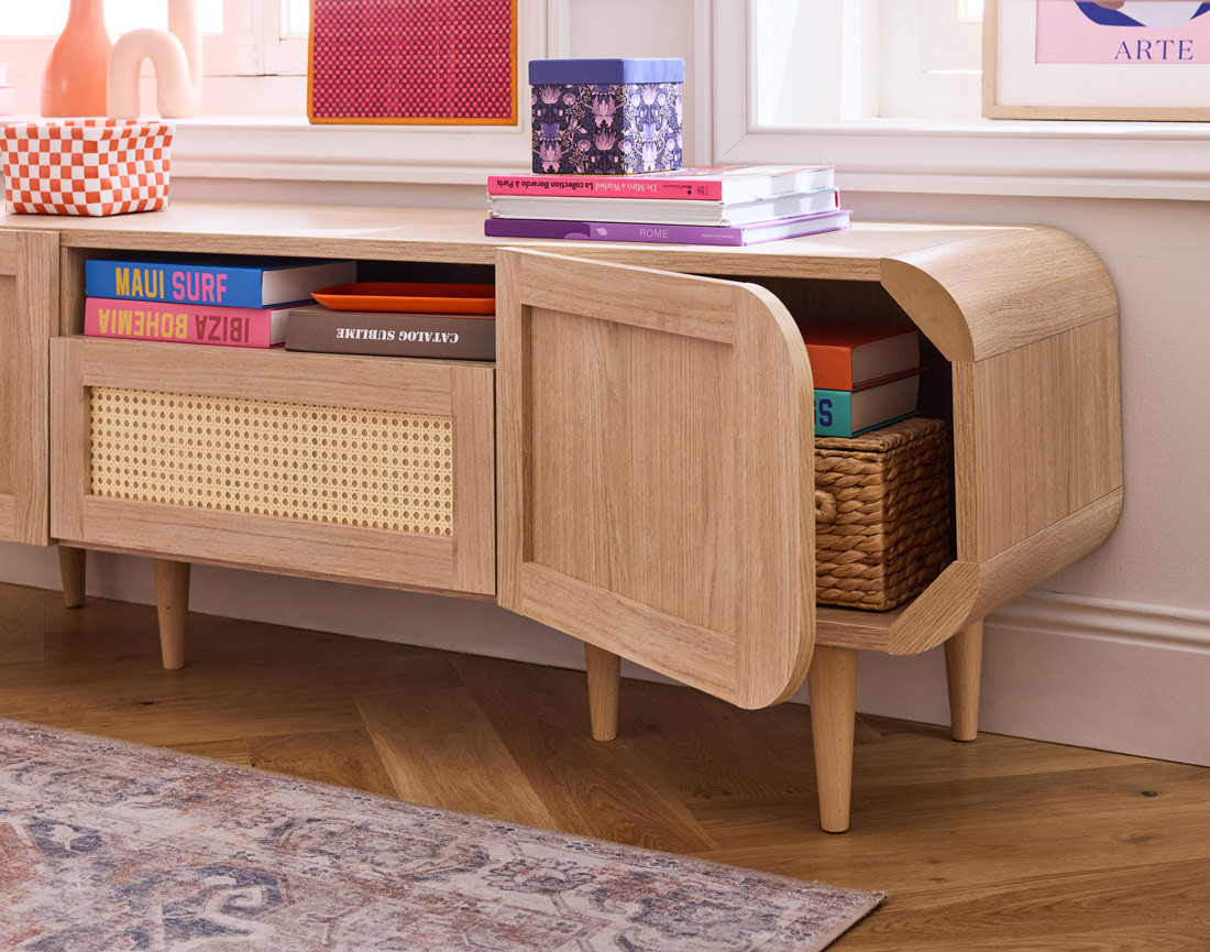 Meuble TV bois et cannage 160 cm Mathilde