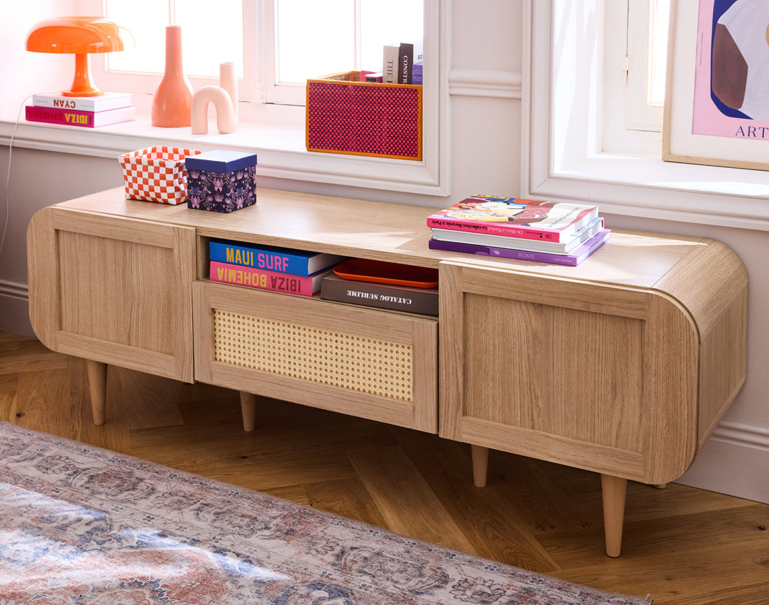 Meuble TV bois et cannage 160 cm Mathilde