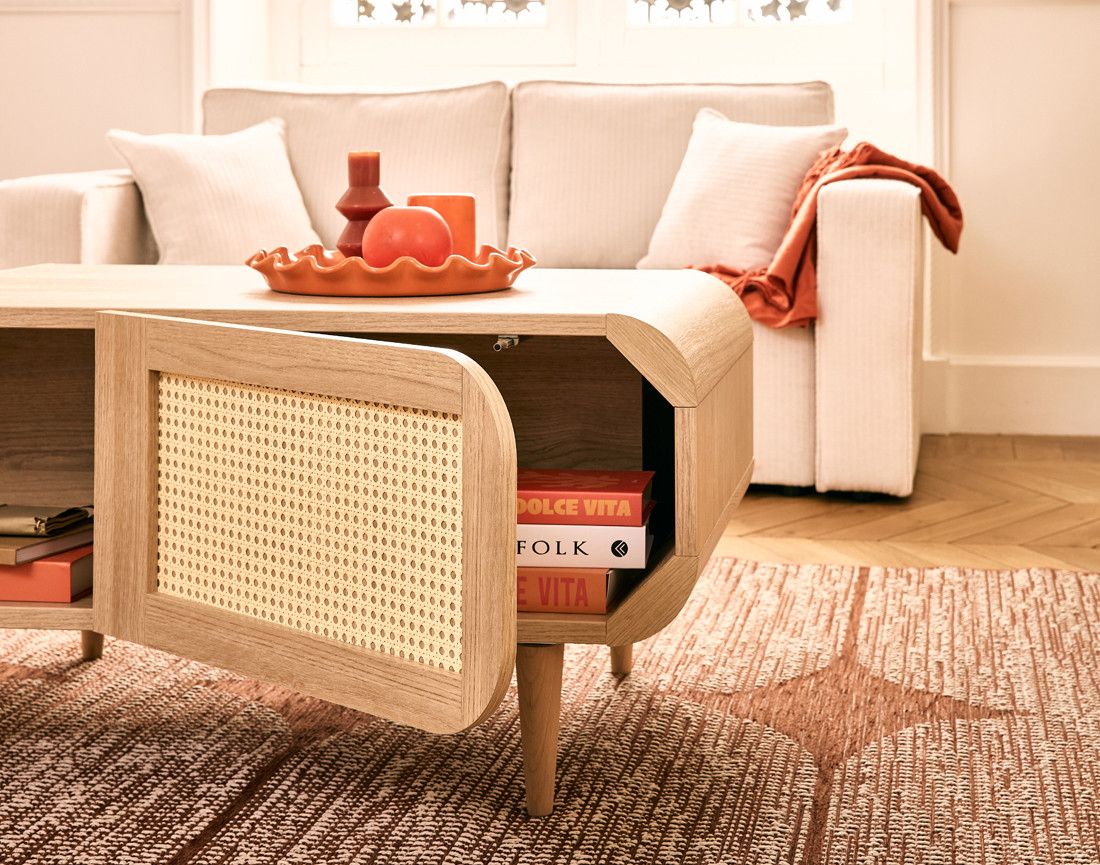 Table basse bois et cannage 1 niche 100 cm Mathilde