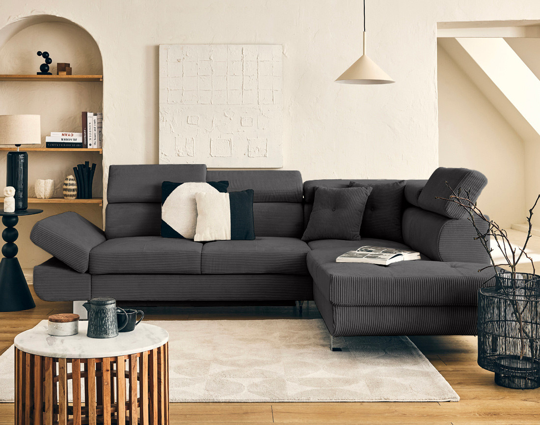 Canapé d'angle droit convertible et têtières en velours côtelé Lisbona
