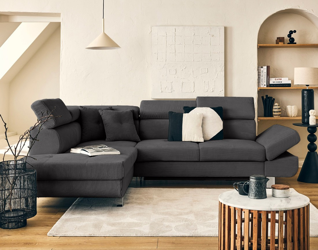 Canapé d'angle gauche convertible et têtières en velours côtelé Lisbona