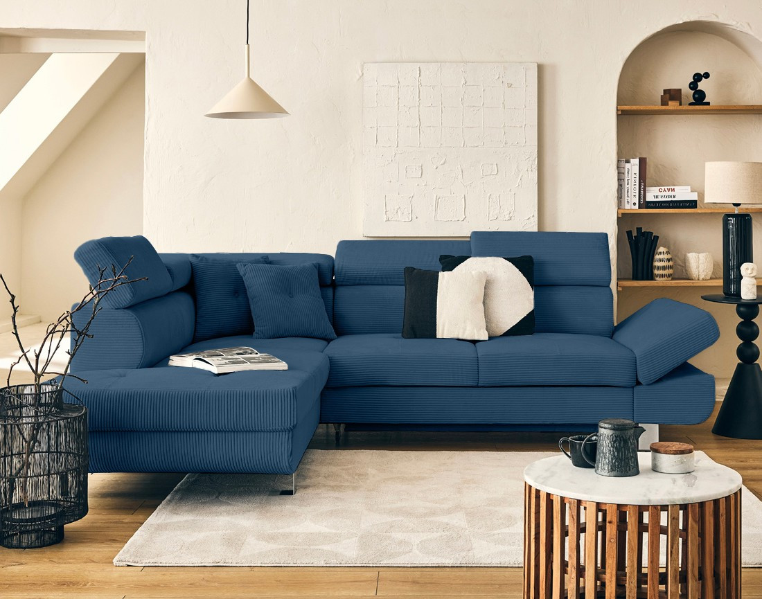 Canapé d'angle gauche convertible et têtières en velours côtelé Lisbona