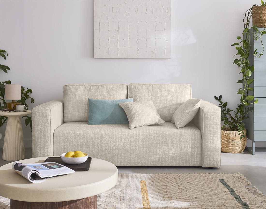 Canapé droit 2 places en tissu velours relief Topaze