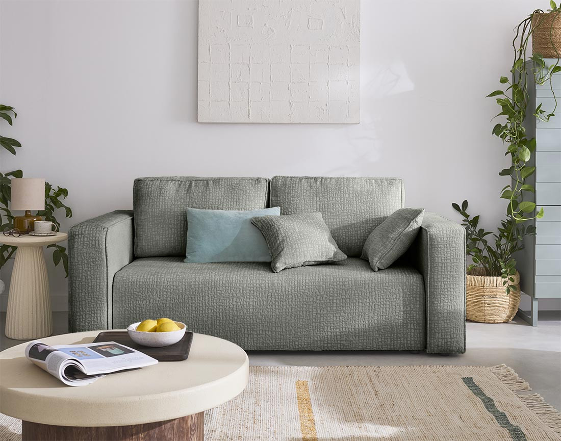 Canapé droit 2 places en tissu velours relief Topaze