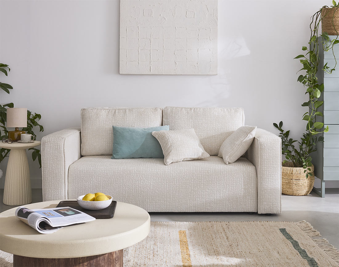 Canapé droit 2 places en tissu velours relief Topaze