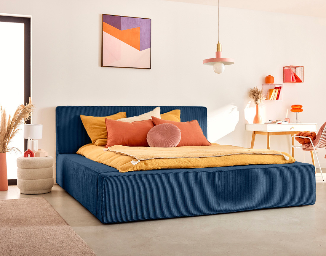 Lit coffre 160x200 cm sommier inclus velours côtelé Topaze