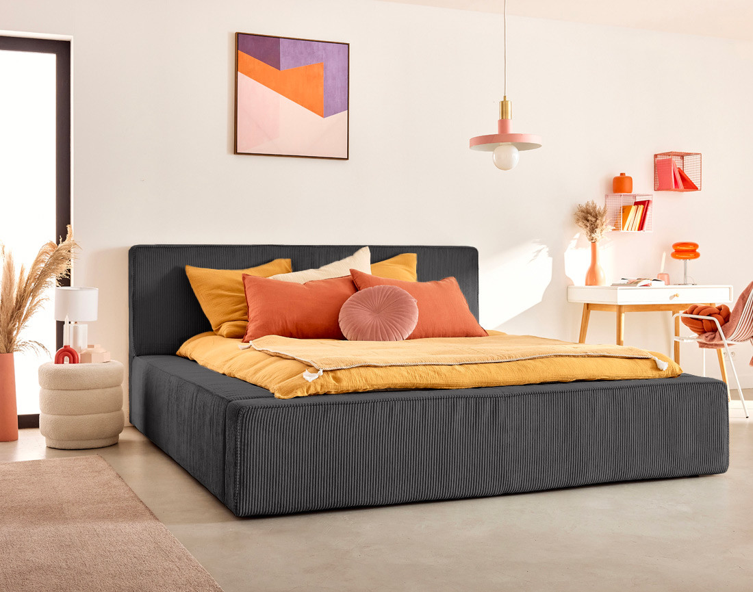 Lit coffre 160x200 cm sommier inclus velours côtelé Topaze