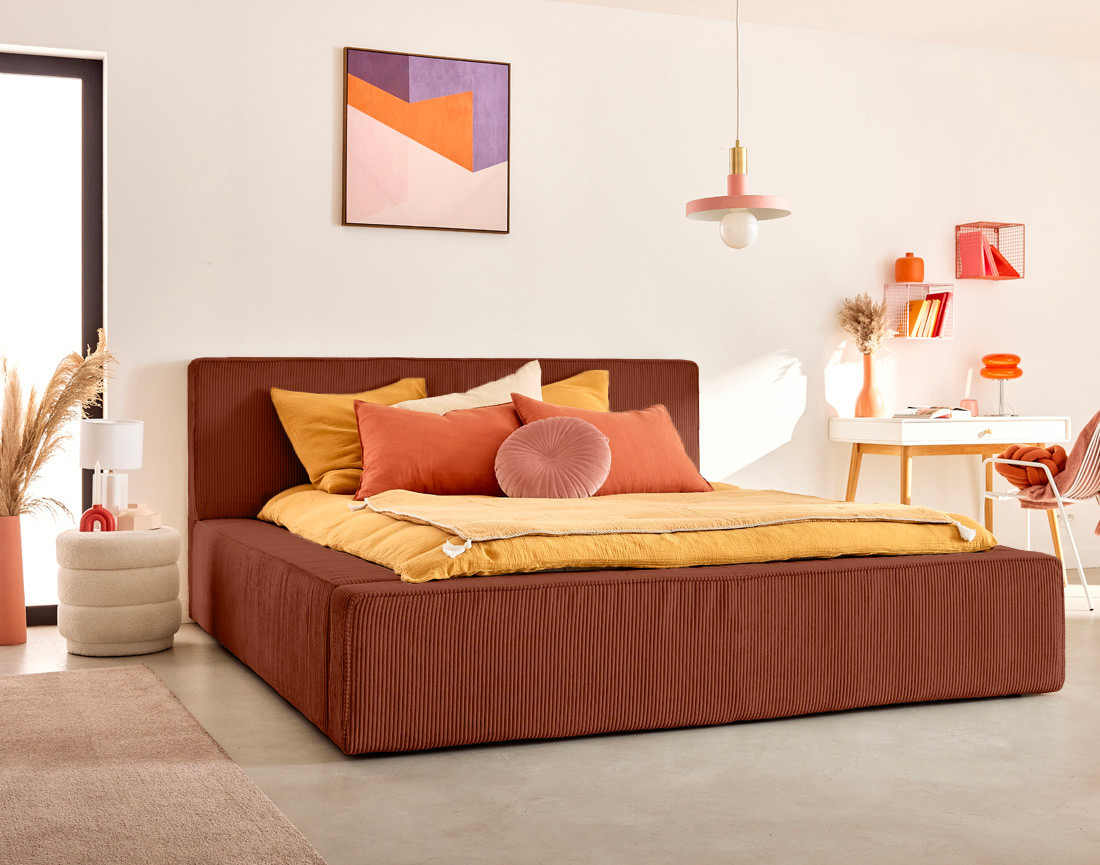 Lit coffre 160x200 cm sommier inclus velours côtelé Topaze