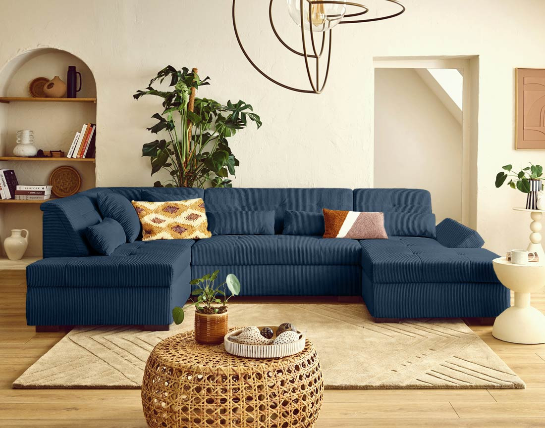 Canapé panoramique d'angle gauche 7 places en velours côtelé Vermont S