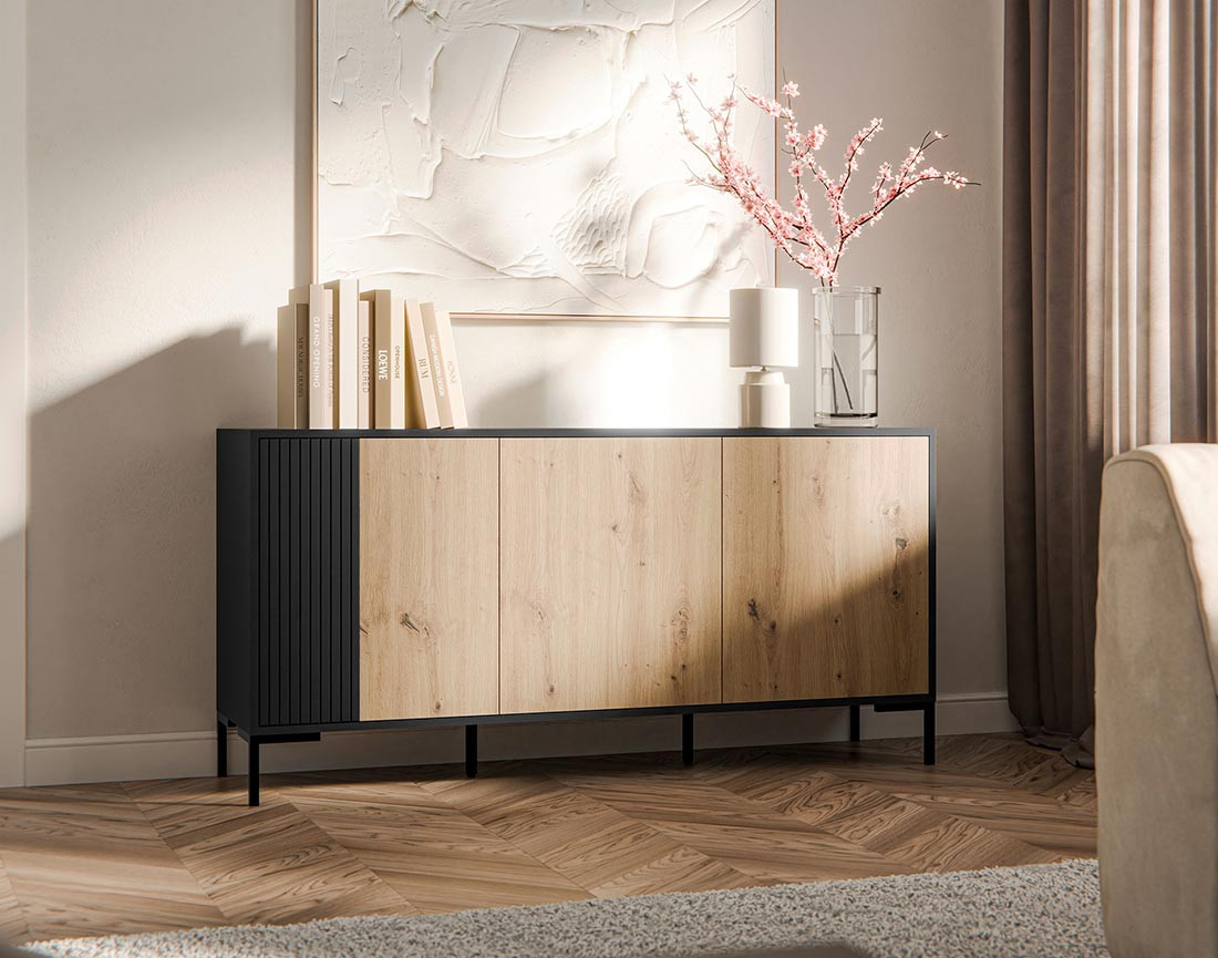 Buffet bas bois et noir 3 portes 150 cm Cambridge