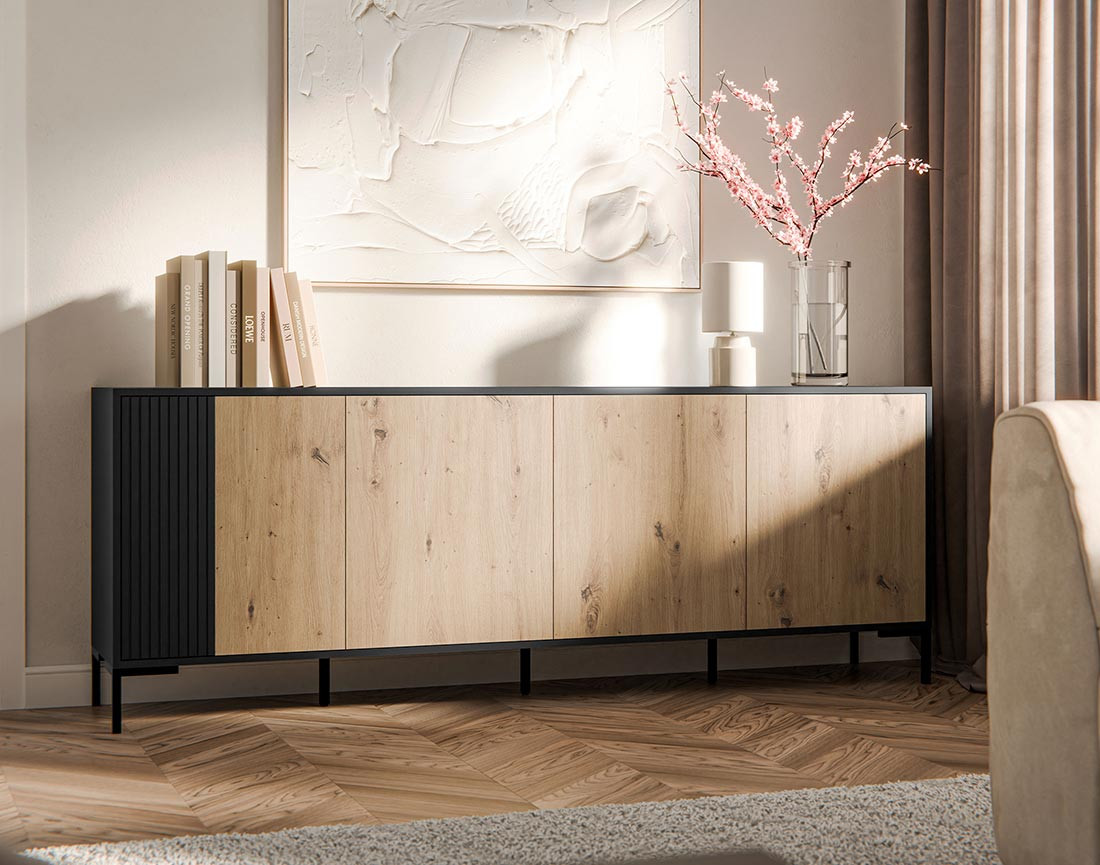 Buffet bas bois et noir 4 portes 200 cm Cambridge